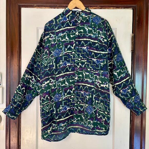 Vintage 90s Silk Zig Zag Pattern Blue Button Down Shirt -- Size Large - Picture 1 of 4